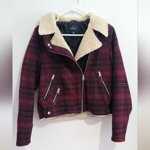 American Eagle Outfitters Red Plaid Teddy Jacket